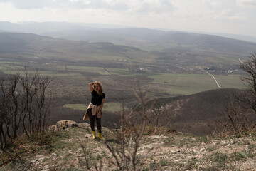 Landscape Woman Mountain: Woman views landscape in mountains, enjoys nature, observes beauty, daytime.