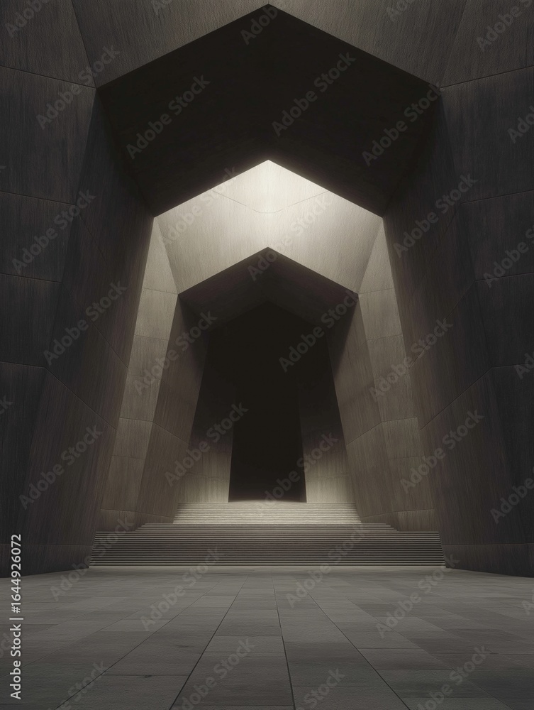 Poster Black and white photograph of an empty room with a geometric archway in the center. the archway is made of concrete blocks and has a triangular shape with a pointed top.