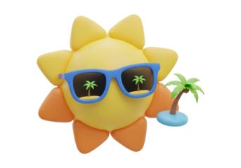 Cartoon Sun with Sunglasses Holding a Tropical Island with Palm Trees on Black Background