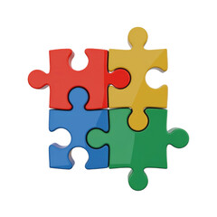 Obraz premium Four Colorful Interlocking Puzzle Pieces Representing Teamwork and Connection 
