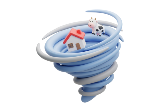 Cartoon Tornado with House and Cow Disaster Illustration in Blue and White Swirling Wind Isolated on Black