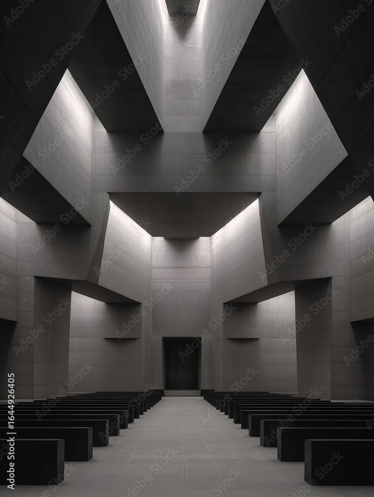 Poster black and white photograph of an empty room with a high ceiling. the room has a modern and minimalis