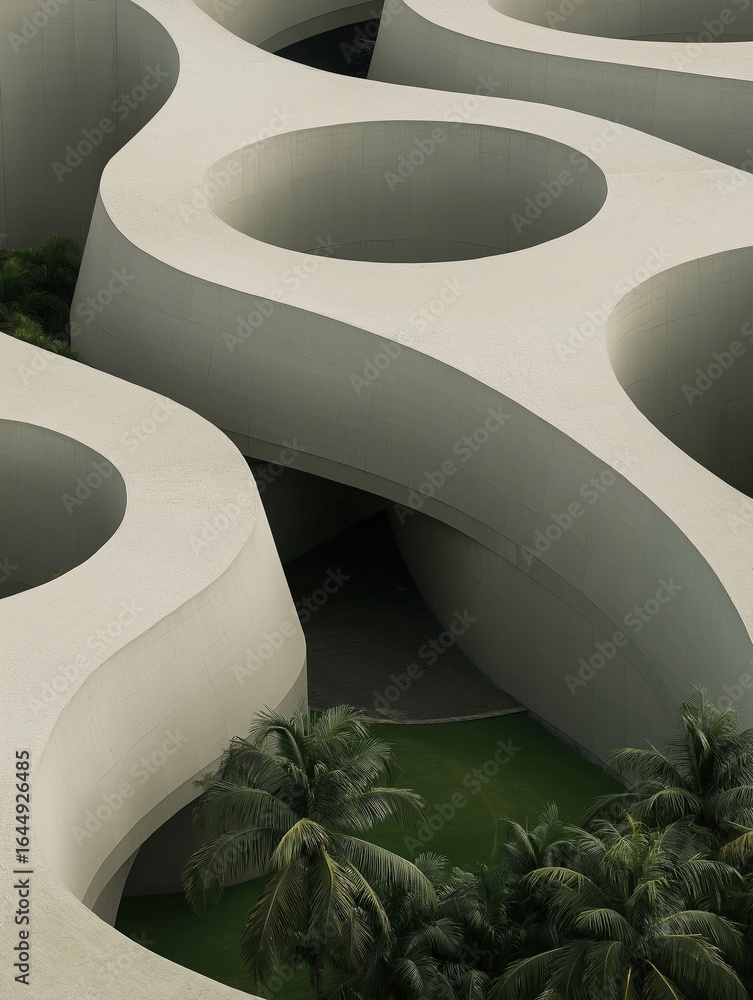 Poster modern architectural structure with a curved design. the structure is made up of multiple layers of 