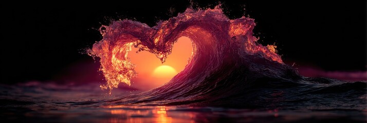 Fiery heart-shaped wave crests over sunset