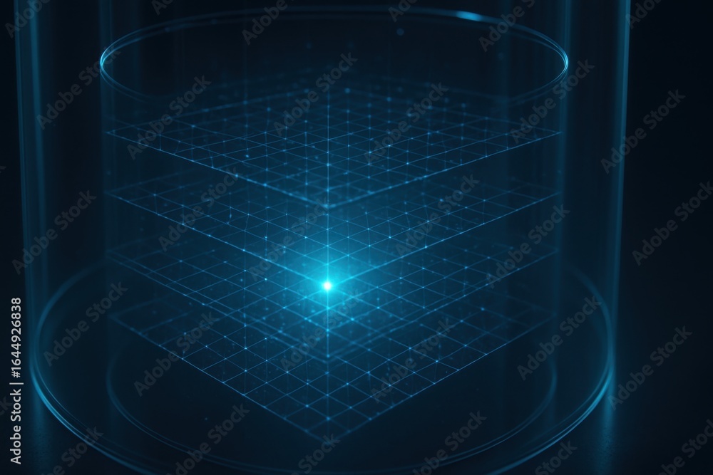 Aufkleber layered data grid suspended in futuristic cylinder showing structured digital storage