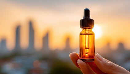 Hand holds amber glass dropper bottle. Sunset cityscape background