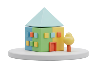 Colorful Geometric House Model with Tree Light Blue Roof Minimalist Design on White Base Against Black Background