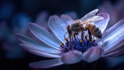 A honeybee, detailed and in sharp focus, collects pollen from a pale purple flower's center.  The background is softly blurred, emphasizing the bee and bloom