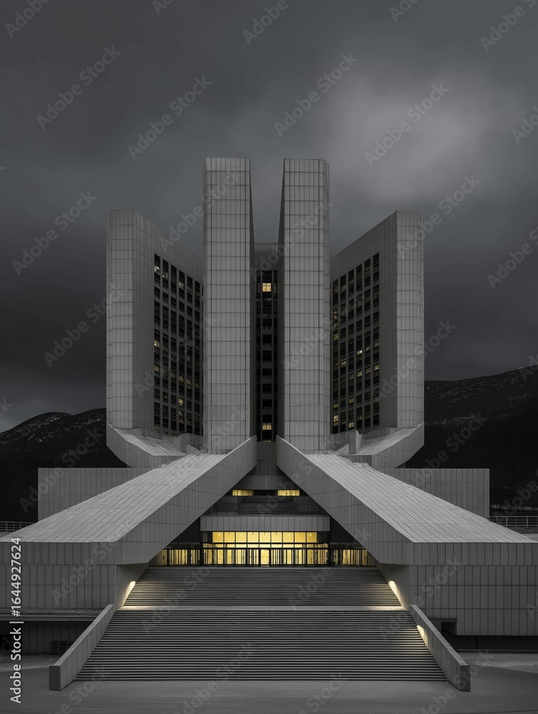 Poster black and white photograph of a modern building with a unique architectural design. the building is 