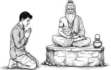 A man kneeling in prayer before a seated guru statue on a stone platform