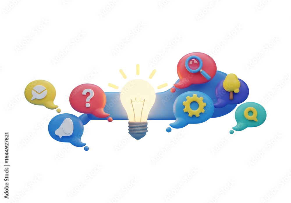 Poster conceptual 3d render of a lightbulb surrounded by colorful communication icons on a black background