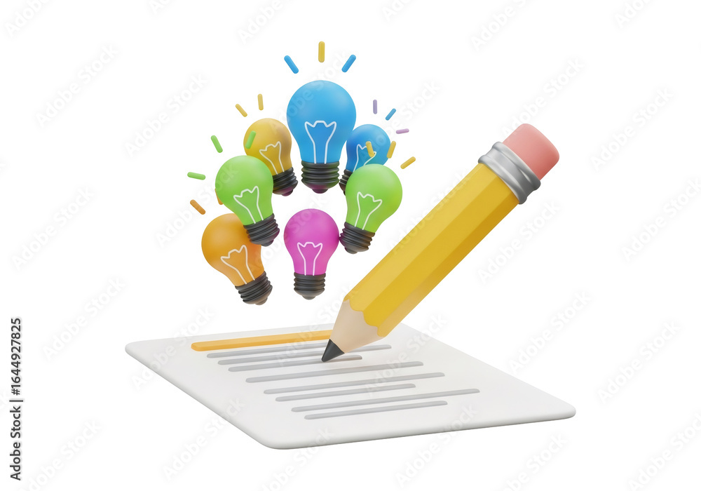 Poster conceptual idea pencil drawing on paper with multiple colorful light bulbs glowing with creative ide