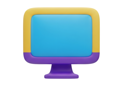 Computer Monitor with a Blue Screen Yellow Frame and Purple Base on Transparent Background - Powered by Adobe