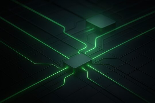 Green Neon Pathways Connecting Black Circuit Blocks in Tech Grid Environment
