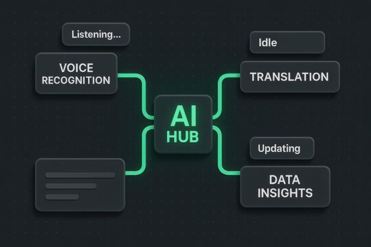 Central AI Hub Flowchart Connecting Voice Recognition, Translation, and Data Insights
