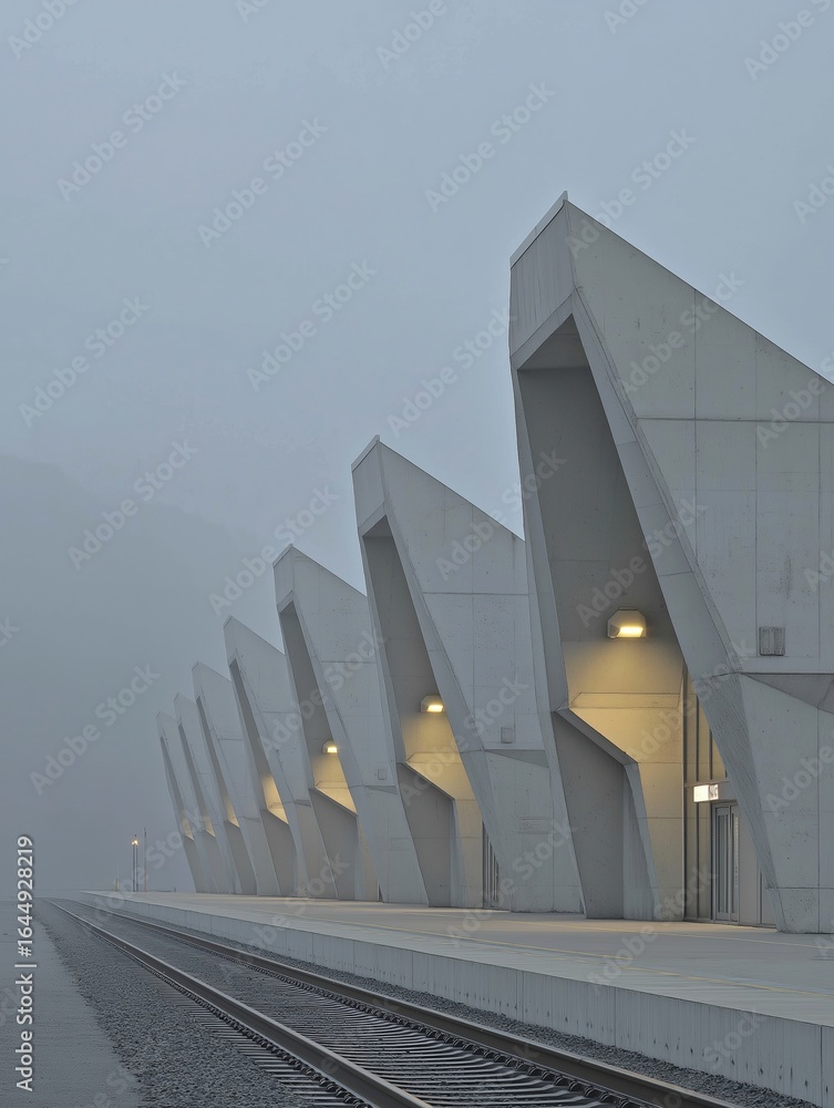 Poster Modern architectural structure with a unique design. the structure is made up of multiple triangular panels that are arranged in a grid-like pattern.
