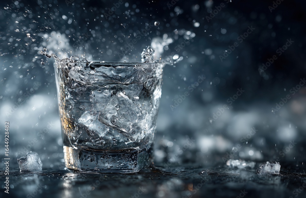 Poster dynamic water splash with ice cubes and droplets on dark background, capturing refreshing drink conc