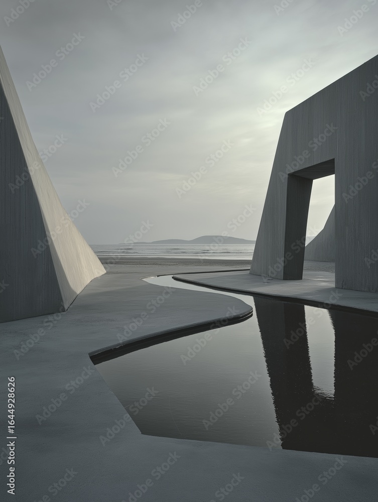 Poster black and white photograph of a modern architectural structure. the structure appears to be made of 