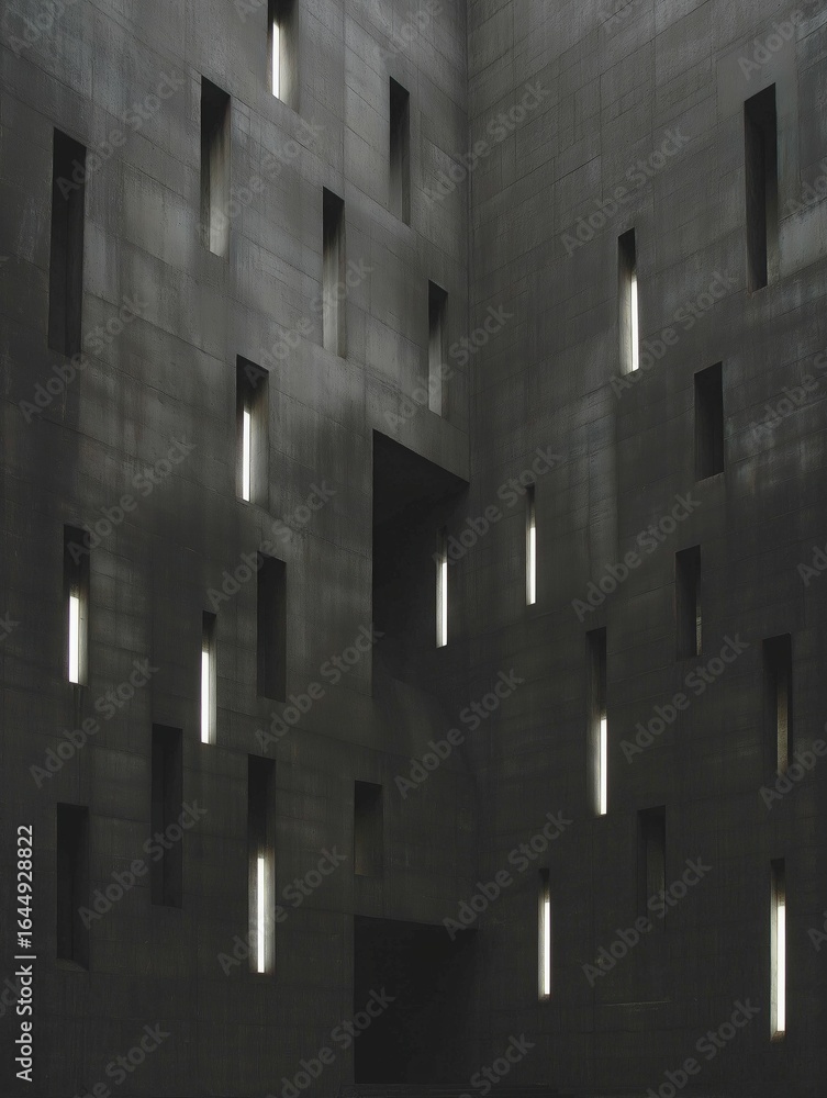 Poster black and white photograph of a concrete wall with multiple square windows. the wall appears to be m