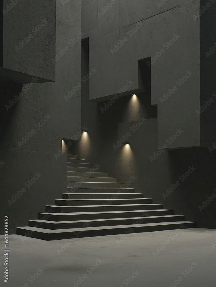 Poster modern staircase in a dark room with concrete walls and floor. the staircase is made up of multiple 
