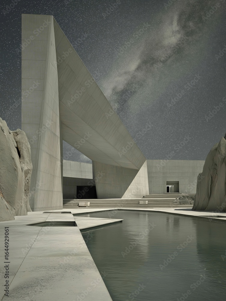 Poster photograph of a modern architectural structure with a triangular shape. the structure is made of con
