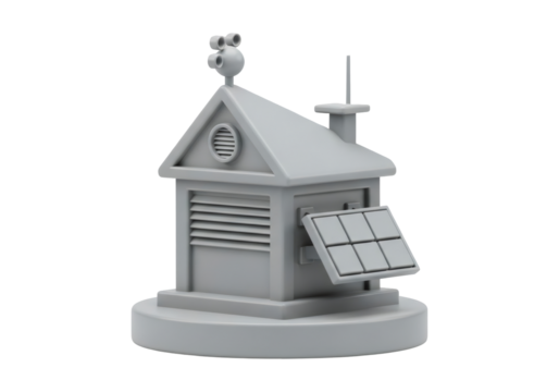 Detailed Gray Weather Station House with Solar Panel and Ventilation System on Black Background
