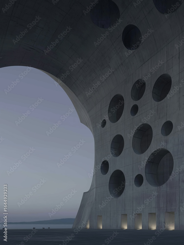 Poster digital rendering of a modern architectural structure with a curved arch-like structure. the structu