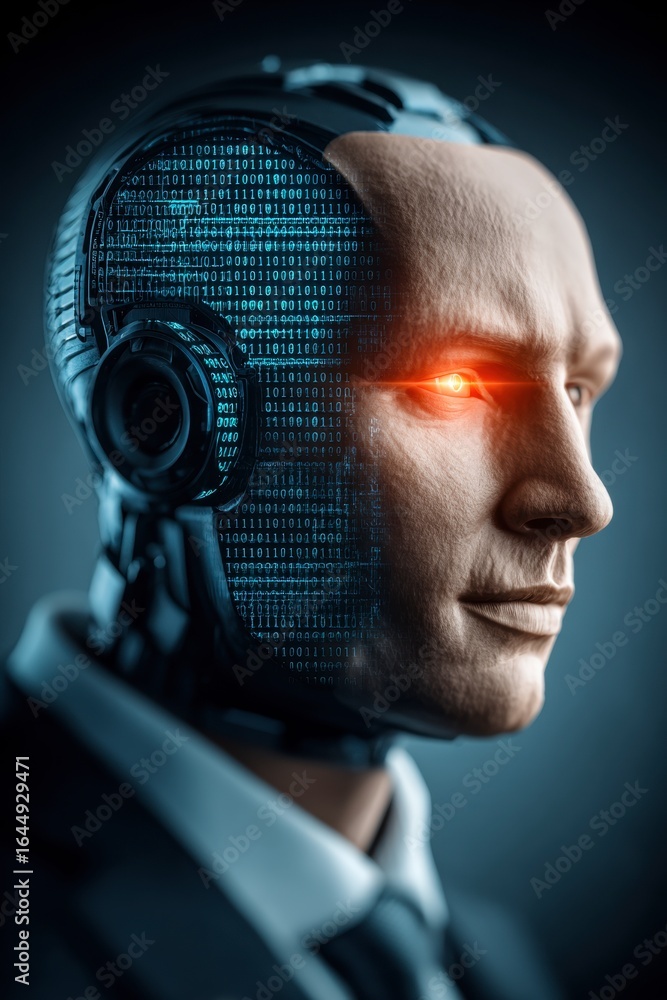 Poster x-default ai businessman, robot, binary code, futuristic concept