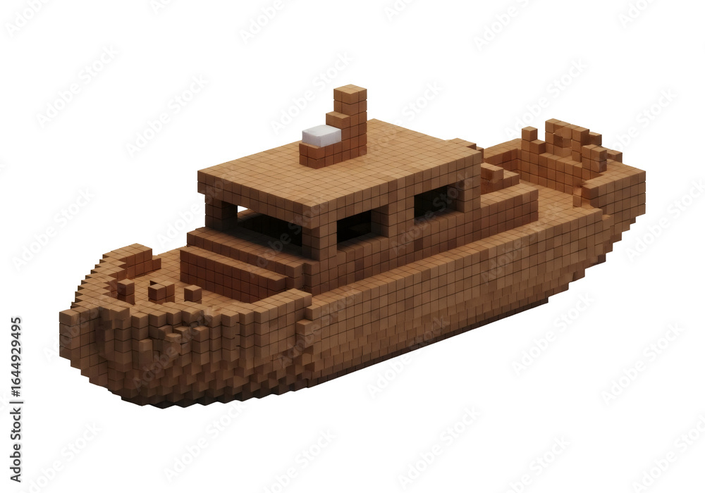 Aufkleber digital voxel art illustration of a brown blocky boat on a black background pixelated design geometr
