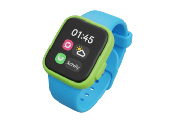 Digital Smartwatch with Blue Band and Green Edge Displaying Time on Black Background