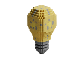 Digital Lightbulb Voxel Art in Yellow and Gray Geometric Cubic Design on Black Background