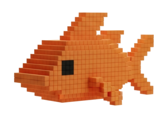 Digital Voxel Art of an Orange Fish with Black Eye on Transparent Background