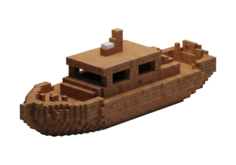 Digital Voxel Art Illustration of a Brown Blocky Boat on a Black Background Pixelated Design Geometric Shapes and Cube Composition