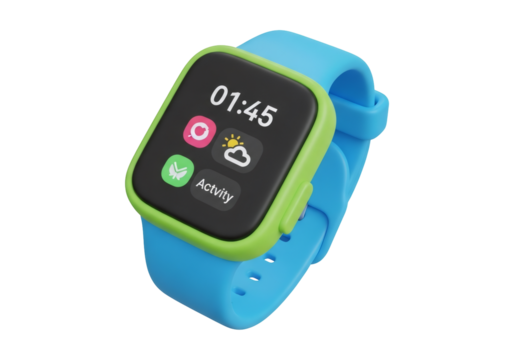 Digital Smartwatch with Blue Band and Green Edge Displaying Time on Black Background