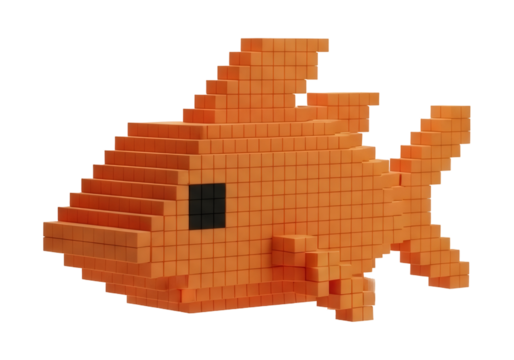 Digital Voxel Art of an Orange Fish with Black Eye on Transparent Background