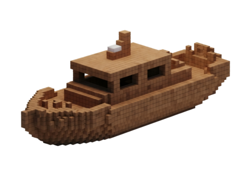Digital Voxel Art Illustration of a Brown Blocky Boat on a Black Background Pixelated Design Geometric Shapes and Cube Composition