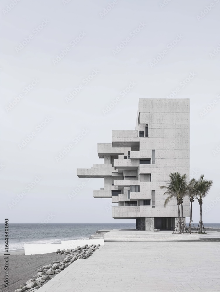 Poster black and white photograph of a modern building on a beach. the building is a tall, rectangular stru