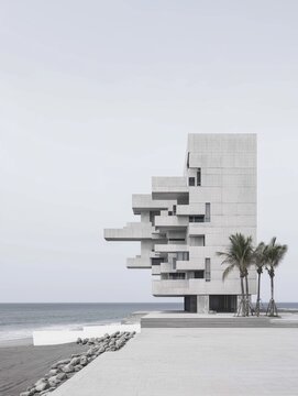 Fototapeta Black and white photograph of a modern building on a beach. the building is a tall, rectangular structure with multiple levels and multiple windows.