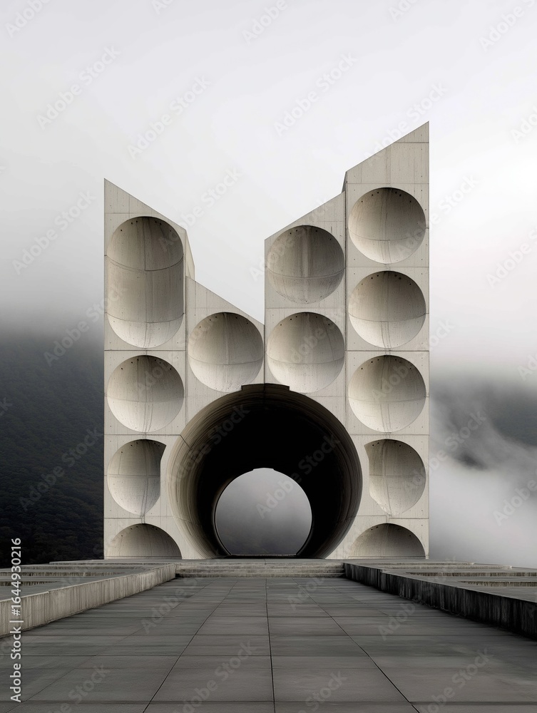 Poster black and white photograph of a modern architectural structure. the structure appears to be made of 