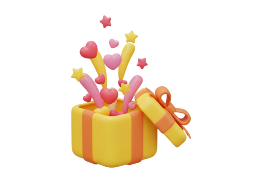 Festive Open Gift Box with Yellow Ribbon Pink Hearts and Stars in a Cheerful Decorative 3D Rendering on Black Background