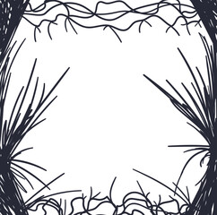A dark, linear frame with protruding sharp branches or long thorns.