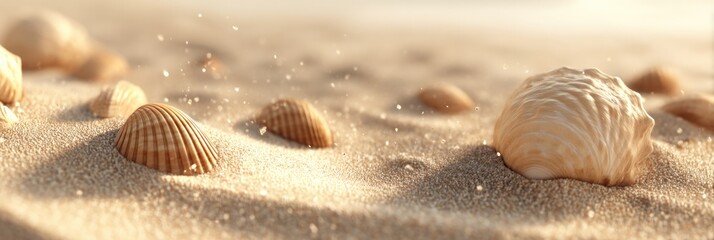 Seashells on Sandy Beach with Sparkling Light, Summer Vacation and Coastal Theme
