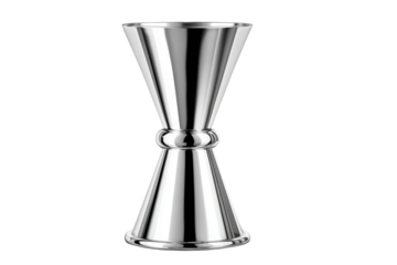 A silver measuring cup with a silver handle