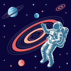 Astronaut Floating in Space with Ringed Galaxy and Planets Vector Illustration