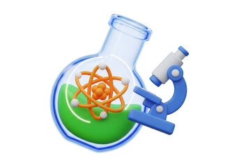 Flask with Green Liquid and Atomic Structure Alongside a Microscope on Black Background Scientific 3D Render