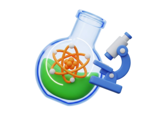 Flask with Green Liquid and Atomic Structure Alongside a Microscope on Black Background Scientific 3D Render