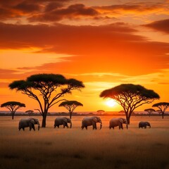 Fototapeta premium African Savanna Sunset with Elephants and Fiery Sky