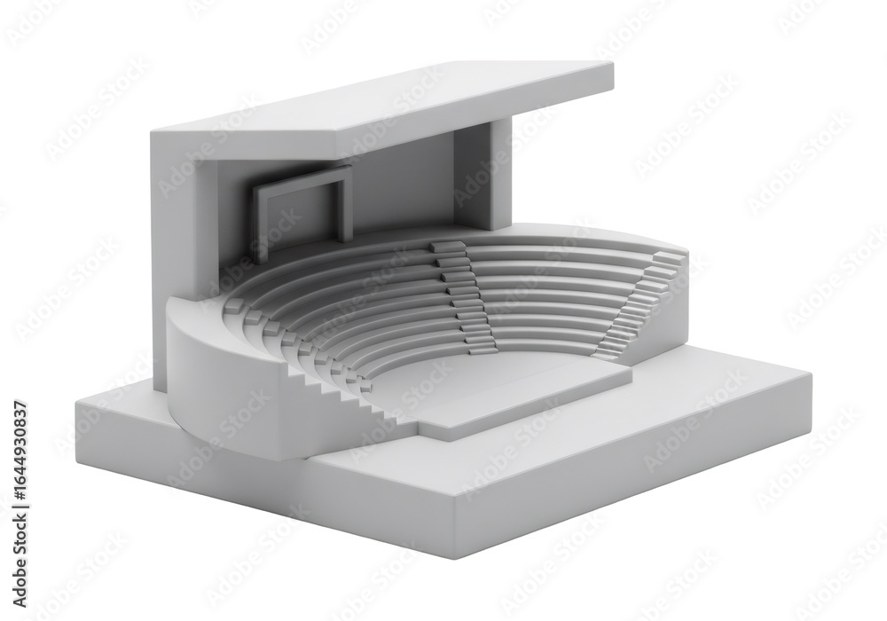 Poster geometric theater model in white and gray on black background showing architectural design and stage