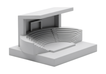Geometric Theater Model in White and Gray on Black Background Showing Architectural Design and Stage Representation