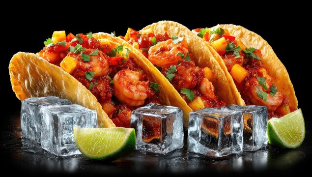 Three shrimp tacos on tortillas, topped with sauce and mango, sitting on ice with lime wedges, presented on a dark background - Powered by Adobe